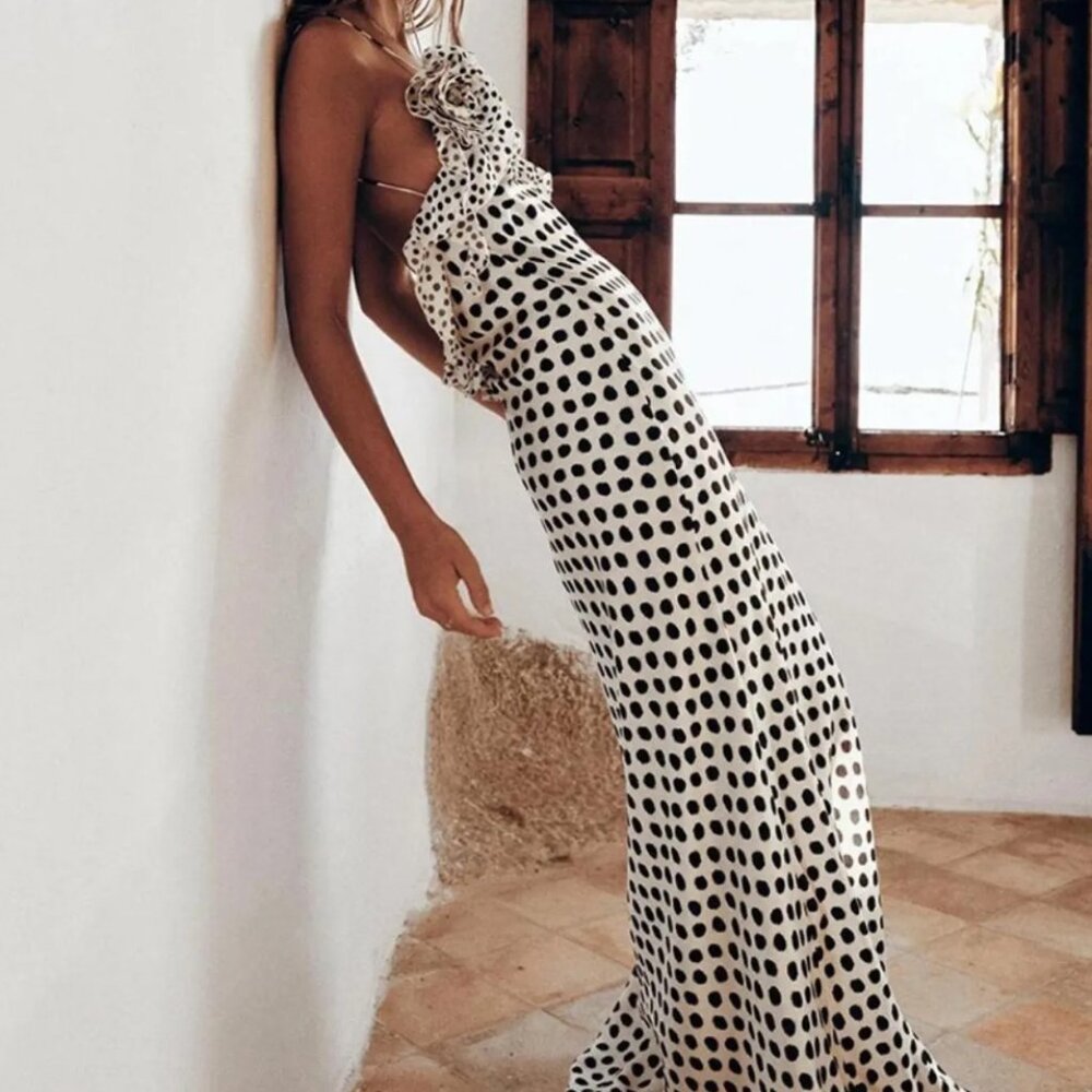 Zara Ruffled Satin Effect Polka Dot Dress